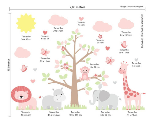 Imagem 2 de 7 de Adesivo De Parede Infantil Para Quarto Safari Menina