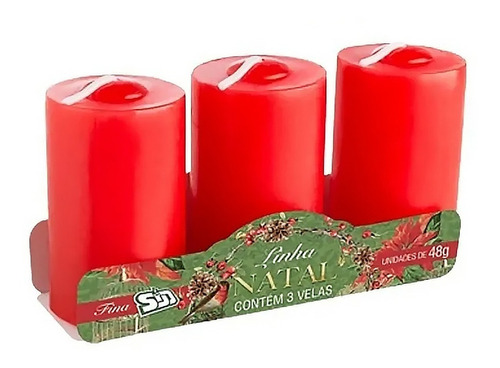 3 Velas Finas Decorativas Natalinas Vermelhas Festas 55x35mm
