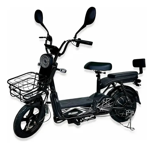Bicicleta elétrica Elowise vista frontal em preto com cesta frontal e assento duplo