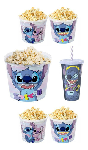 Kit Balde Grande Pipoca 2,1l Copo Canudo 500ml Stitch Azul