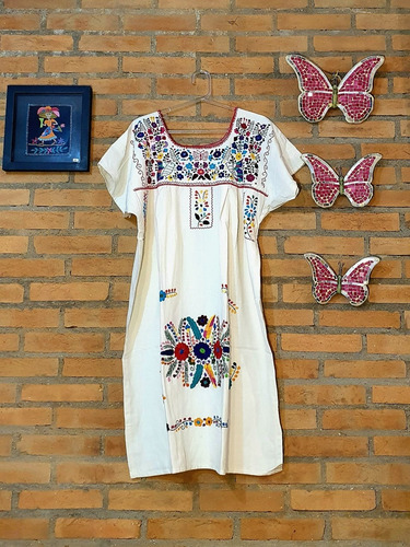 Vestido Mexicano Curto Algodão Manga Bordado A Mão Varal