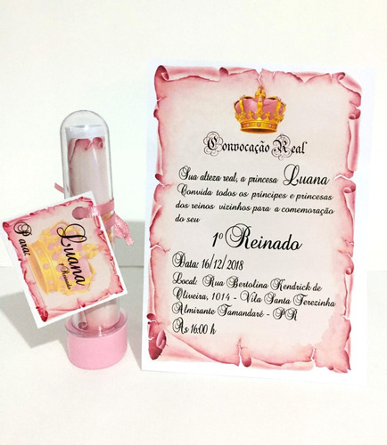55 Convites Pergaminho Realeza Rosa Com Tubete