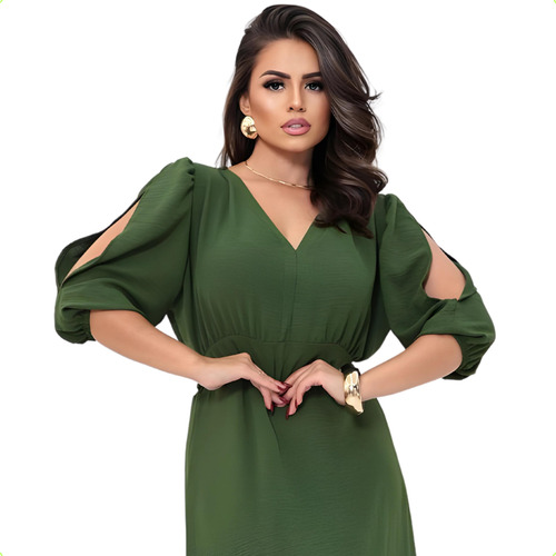 Vestido Longo Fenda Plus Size Maxi Forrado Acinturado Luxo