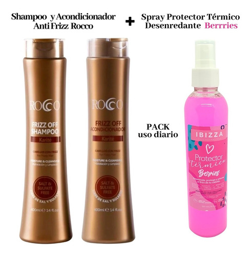Imagen 1 de 3 de Pack Shampoo Acondicionador Anti Frizz Rocco + Desenredante