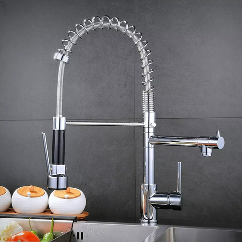 Canilla Monocomando Mesada Doble Pico Cisne Flexible Profesional Cocina Doble Mesada Plateado