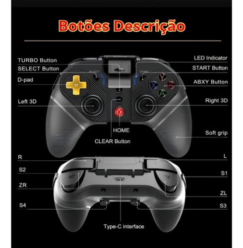 Controle Joystick Gamepad Bluetooth 5.0 Compatível Com Celular Android Ios Ps3 Ps4 N-switch Pc Gamer Tv Box Tablet Modo Turbo 4 Botões Com Luz Led