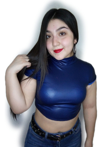 Crop Top Estilo Latex Cuerina Color Azul