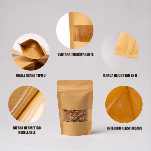 Imagen 6 de 6 de 100 Bolsa Stand Up Pouch Con Cierre Kraft Ventana De 140 Grs