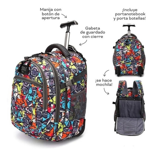 Imagen 10 de 10 de Mochila Carro Porta Notebook Monocomando Viaje Valija Ruedas Reforzada Divisiones Bolsillos Premium Happy Buy