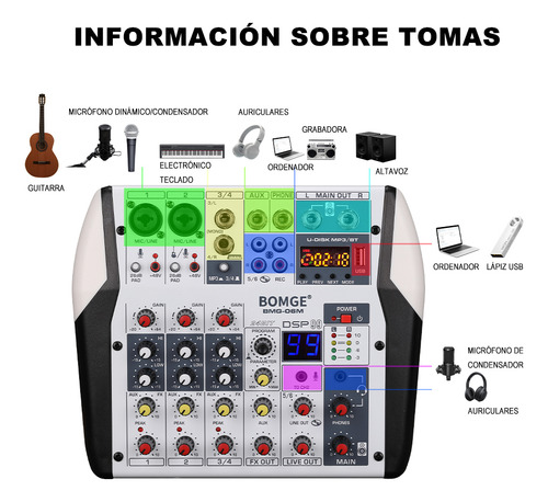 Mezcladora De Sonido Bomge 06m Con Bluetooth De 6 Canales