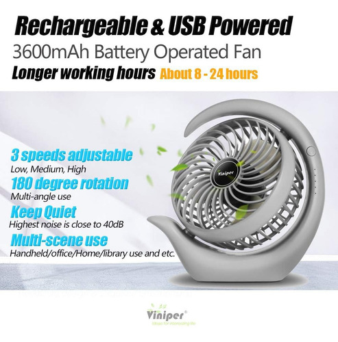 Ventilador Portátil Viniper Recargable De 3600 Mah, 3 Veloci