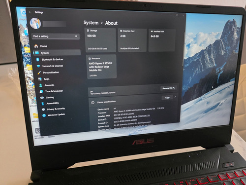 Asus Tuf Laptop Gamer Fx505 Pc 64gb Ram 938gb Ssd Negro (Usado)
