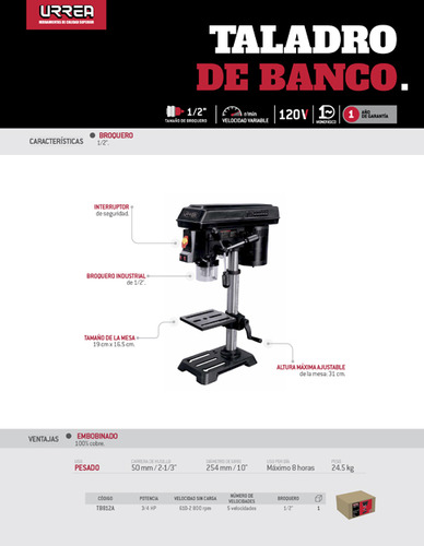Taladro De Banco Y Columna 1/2 , 3/4 Hp 120 V Urrea
