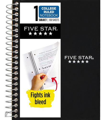 Five Star Spiral Notebook, 1 Subject, College Ruled Paper, Color Negro