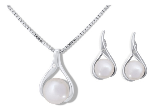 Conjunto Plata Perlas Real Blanco Collar + Aros Elegante