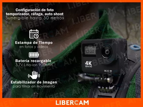 Camara Deportiva 4k Buceo Wifi Filmadora Accesorios Color Negro