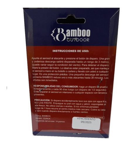 Imagen 2 de 7 de Gas Pimienta Bamboo 14gr De Bolsillo Paraliza Por 30 Minutos