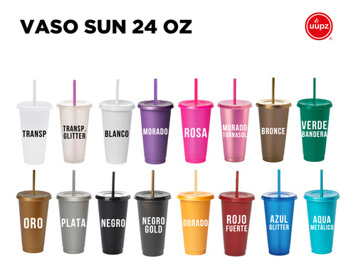 15 Vasos Uupz Sun 709 Ml Con Tapa, Plástico Rigido Aqua Metálico
