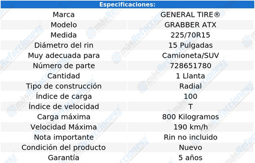 1- Llanta 100t General Tire Grabber Atx 225/70r15