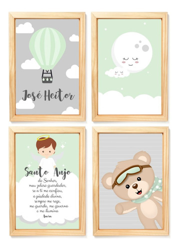 Kit 4 Quadros Decorativos Infantil - Ursinho Baloeiro Verde