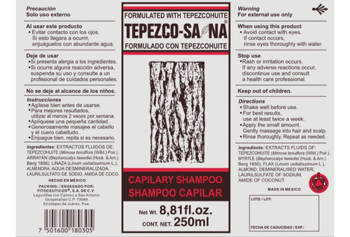 Shampoo Restauración Capilar Tepezcohuite Almendra 250ml