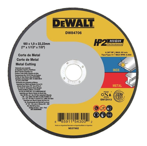 Imagem 1 de 3 de Disco Corte Inox Hp2 7 X 1,9mm X 7/8 Dewalt Dw84706
