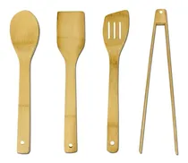 Comprar 4 Utensilios Mango Madera Bambu Cocina Oferta Pinza Manual