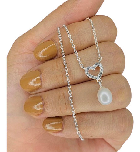 Cadena Espejado Dije Corazon Y Perla Colgante Plata Kit 15 