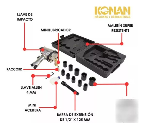 Llave De Impacto 320nm En Kit Konan 15 Piezas Modelo Kki/01 Gris 50