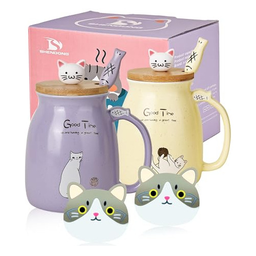 Shendong 2 Pack Cat Mugs Cute Ceramic Coffee Cups Set Rmggg