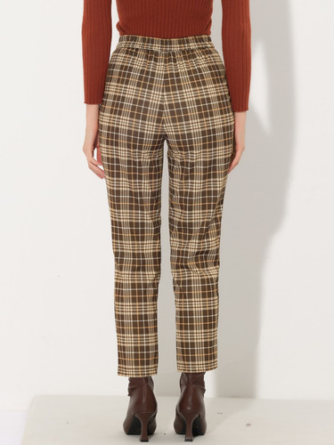 Pantalón Mujer Recto A Cuadros Vintage Con Cintura Elástica