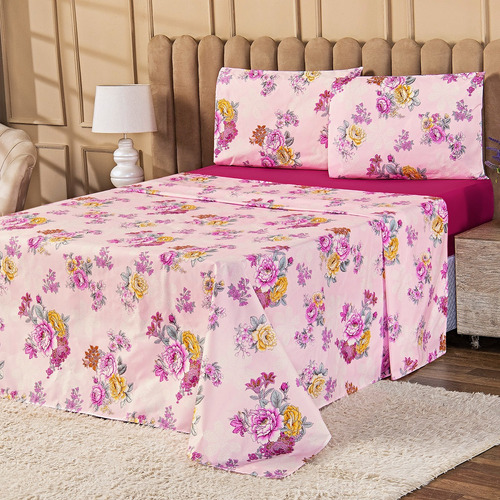 Lençol Estampado Ternura Cama Box Queen 4 Peças. Cor Rosa/pachwork Rosa