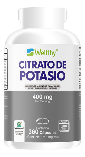 Wellthy Citrato De Potasio 360 Cápsulas 400mg. 180 Porciones Sabor Sin Sabor