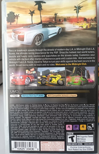 Midnight Club: L.a. Remix Psp Mídia Física Original S/manual