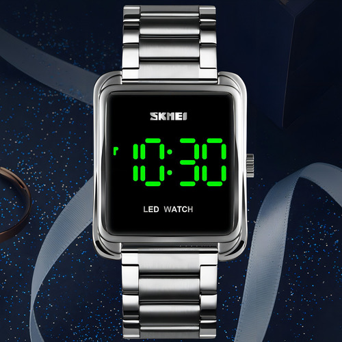 Reloj electrónico digital cuadrado de acero inoxidable Skmei, correa de color plateado