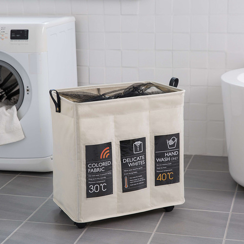 Cesto De Roupa Suja Rolling Slim: 3 Compartimentos, Rodas E
