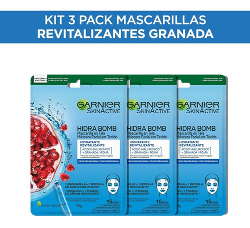 Kit Garnier 3pack Mascarilla En Tela Granada  Hidra Bomb