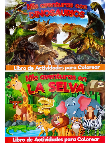 Pack 2 Libros De La Selva Y Dinosaurios Para Colorear