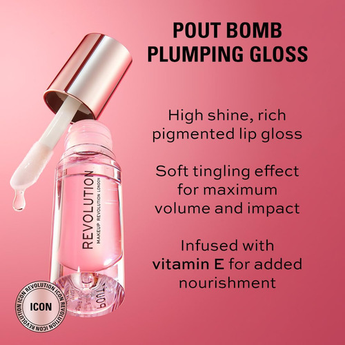 Revolution, Pout Bomb Plumping Lip Gloss, Alto Brillo, Pigme