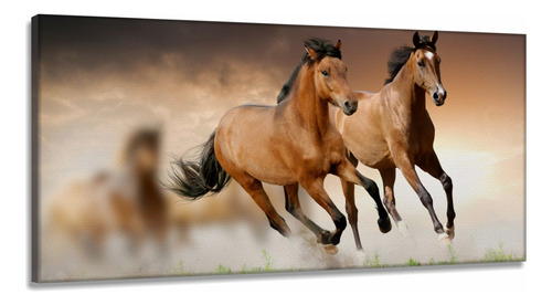 Quadro Decorativo Dois Cavalos Marrons Tecido Canvas 130x60
