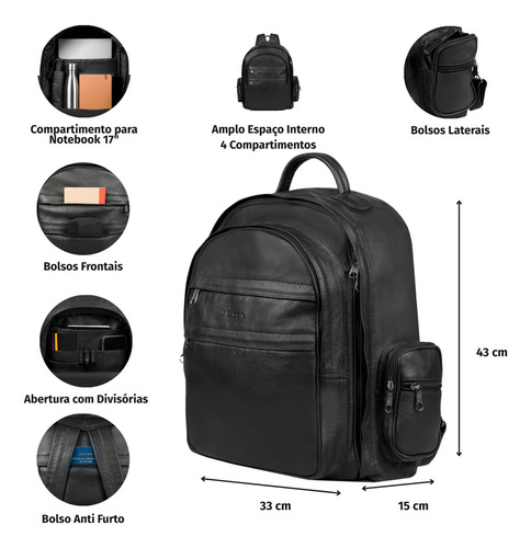 Mochila Masculina Executiva de Couro para Notebook Tradicional Marrom escuro