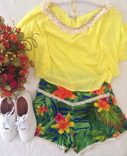 Conjunto Only You  Blusa Amarelo E Short Linho Floral P