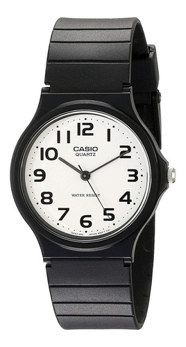Reloj pulsera Casio Collection MQ-24 de cuerpo color negro, analógico, fondo blanco, con correa de resina color negro, agujas color negro, dial gris oscuro, minutero/segundero gris oscuro, bisel color negro y hebilla simple