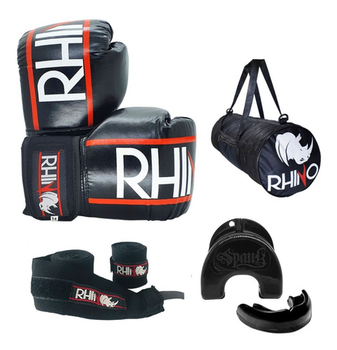 Kit Boxe Treino Kickboxing Rhino - Luva Bandagem Bucal Bolsa