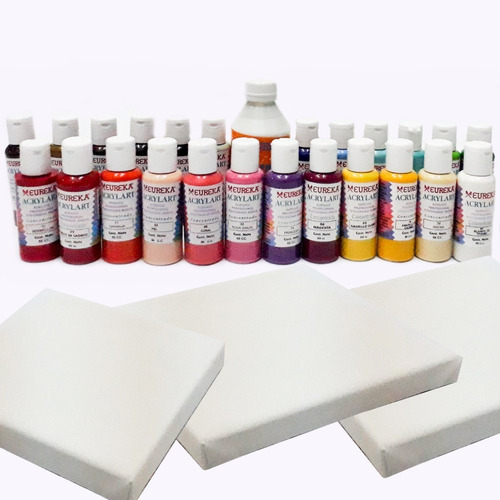 Set Acrilico Eureka X24 60ml + 3 Bastidores 30x30 + Barniz ! Óleo Blanco