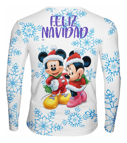 Playera Sublimada Manga Larga Navideña Copos Mickey Minnie