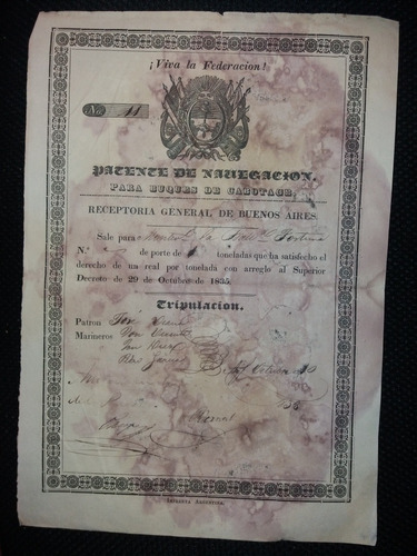 Documento 1835 Epoca De Rosas Patente Navegacion De Buques 