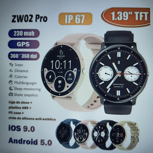 Smartwatch Zw02 Redondo Preto Prova D'agua Para Ios Android Desenho Da Pulseira 2 Pulseiras Silicone