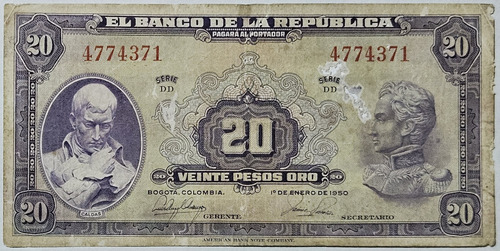 Billete 20 Pesos 01/ene/1950 Colombia Fine Perforado