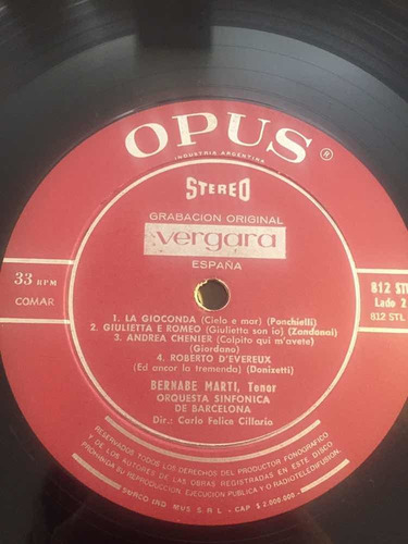 Disco Vinilo Lp Bernabe Marti Opus Vergara Arias De Opera (Usado)